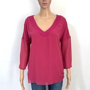 Intimissimi Magenta V-Neck Layered Blouse with Sheer 3/4 Sleeves - Size Small